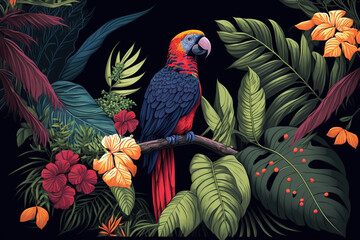 Fototapeta premium Tropical rainforest with parrot with leaves and flowers. Generative AI illustration