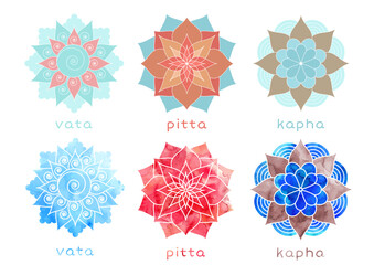 Doshas symbols drawn like mandala with watercolor texture. Vata, pitta, kapha - ayurvedic body types icons.