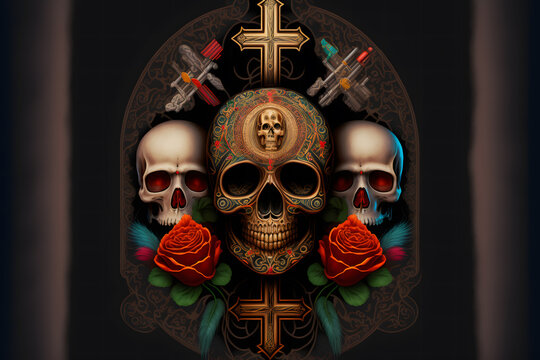 Composition with skulls and flowers for santa muerte celebrating. Neural network AI generated art