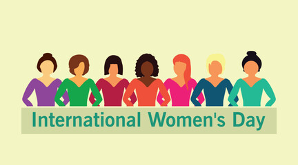 International Women's Day. Pattern women different nationalities and cultures illustration. Concept for banner and poster design. Vector, illustration.