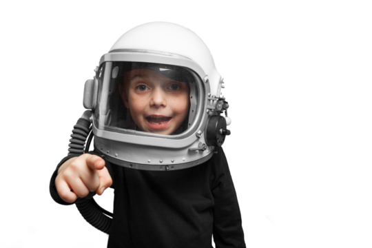 Small child wants to fly an in space wearing an astronaut helmet.