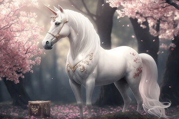 Obraz na płótnie Canvas White Day | magical white unicorn stands in a clearing surrounded by blooming cherry blossom trees. with a sparkling gift box adorned with delicate ribbons. Ai