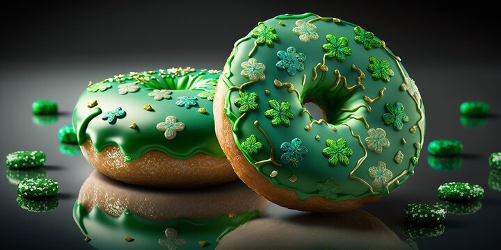 Leckerer gr&uuml;ner Donut traditionell am St. Patrick&acute;s Day in Irland, ai generativ