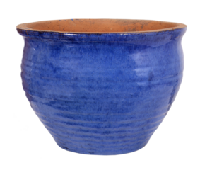 Clay pot with blue ceramic glaze, transparent background
