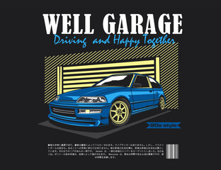 Fototapeta premium t-shirt design vector with car illustration and garage background along with text graphic