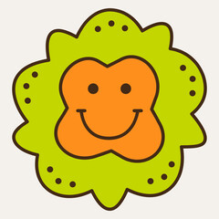 Smiling flower, abstract personage, mascot design, funny face, cute icon.