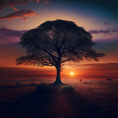 Lonely tree in the savannah during sunset. Generative AI.
