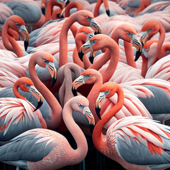 Background of many flamingos. Generative AI.