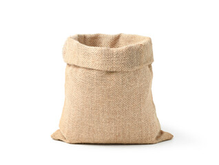Empty burlap sack isolated on white background.
