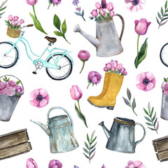 Watercolor garden supplies seamless pattern. Watering can with pink flowers for tour design © Татьяна Комцян