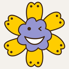 Smiling flower, abstract personage, mascot design, funny face, cute icon.