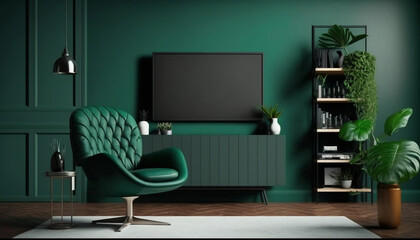Modern interior of a living room with Tv and armchair in green