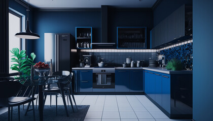 Fototapeta na wymiar Generative Ai of Modern Kitchen design in dark blue. 