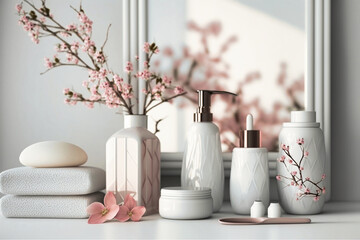 Cosmetic and beauty products for bath, spa in white bottles, branch of spring pink sakura flowers, toiletry on table in soft light white bathroom interior in geometric simple urban - Generative AI