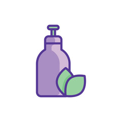 Organic cosmetics thin line icon: glass bottle with dispenser and leaf sign. Natural skin care. Modern vector illustration for beauty shop.