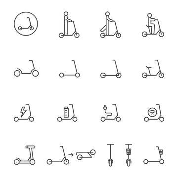 Kick scooter and electric scooter, icon set. Line