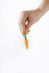 Hand holding carrot on white background.Minimal easter concept.Minimal spring composition.
