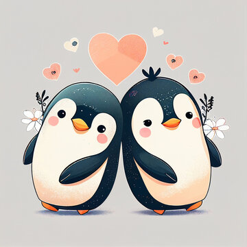 Cute love penguins illustrations with hearts Generative AI