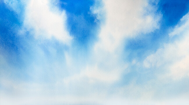 watercolor illustration of landscape, blue sky with white clouds