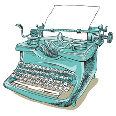 Hand-drawn Vector Vintage typewriter with paper sheet isolated on white