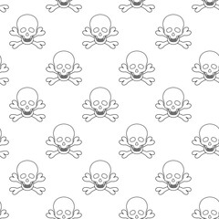 Skull and crossbones. Sketch. Repeating vector pattern. Pirate symbol seamless ornament. Part of the skeleton. Isolated background. Doodle style. Jaw with straight teeth. Hollows instead of eyes 