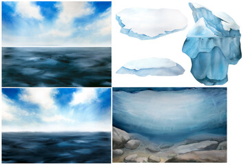 watercolor illustration of north sea landscape and underwater world, blue sky, iceberg, ice floes isolated on white background