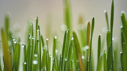 Fototapeta na wymiar Young sprouts of grass with dew. Close-up view.