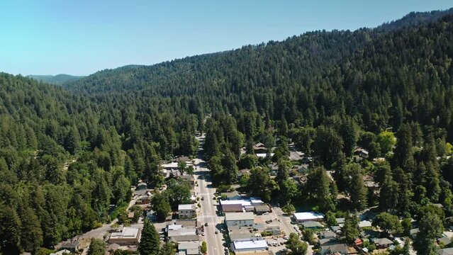 Drone view of downtown Boulder Creek, CA