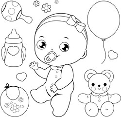 Baby girl accessories. Vector black and white coloring page