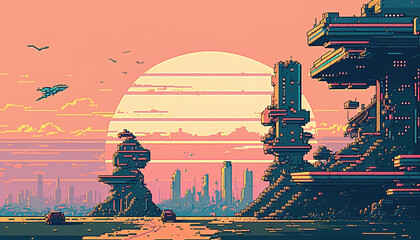 dusk scene of a lost scifi city, pixel style, generative ai technology