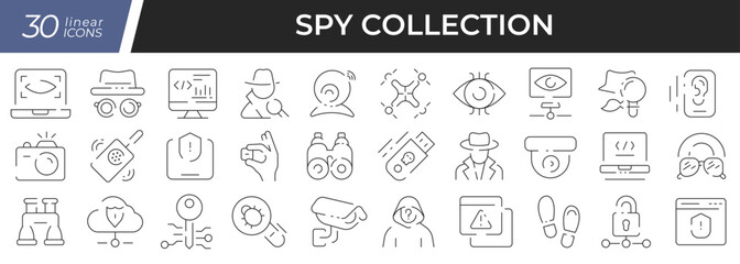 Spy linear icons set. Collection of 30 icons in black