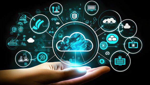 Hand Touching Infographic Cloud Computing And Technology Icons, Cloud Technology Is Centralized Collect Lifestyles And Confidential Information Such As Internet Banking, Password, And Shopping. Genera