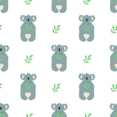 Seamless Pattern Cute cartoon character koala with a sprig of green eucalyptus leaves. Vector illustration.