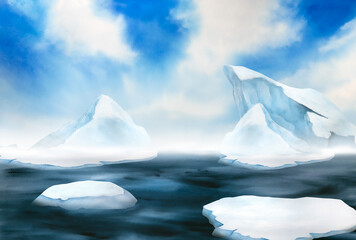 watercolor illustration of north sea landscape and underwater world, blue sky, iceberg
