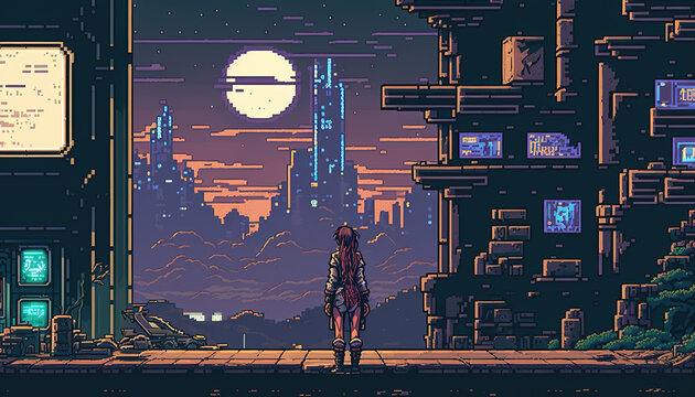 a lonely scifi woman standing in front of a big city, moonshine, pixel style, generative ai technology