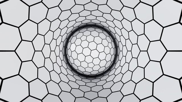 Rotating white hexagonal ball in tunnel optical illusion loop background