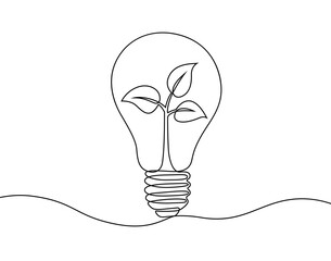 Continuous drawing line art of light bulb with plant. Concept green energy. Hand drawn one line vector illustration