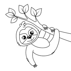 Cute cartoon sloth on tree. Black and white vector illustration for coloring book