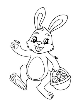 Easter Bunny holding basket with Easter eggs. Black and white vector illustration for coloring book