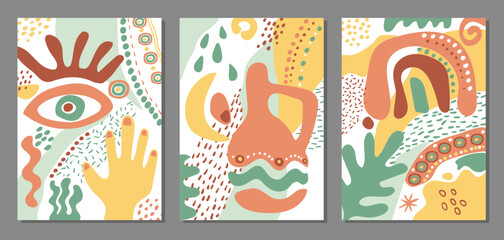Boho wall art. A set of abstract posters, covers. Wall prints for the interior. Rainbow, clay pot, leaves, hand and eye. Organic shapes, spots and dots. Pastel colors. Vector illustration.
