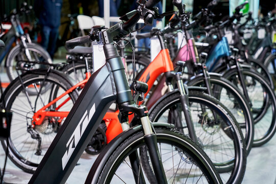 Braunschweig, Germany, March 5, 2023: KTM electric bikes in different colors in a row