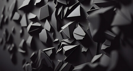 3d render, abstract black crystal background, faceted texture. Horizontal panoramic polygonal wallpaper. Ai generative illustration. 
