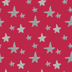 Hand drawn silver stars pattern on Viva Magenta background. For fabric, sketchbook, wallpaper, wrapping paper.