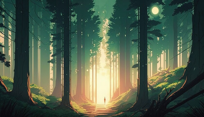 a wonderful and peaceful dusk scene of a forest, anime manga art, generative ai technology