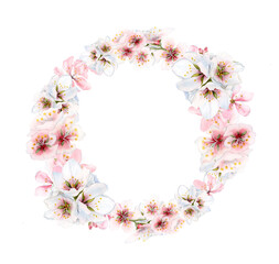 Watercolor floral wreath of pink white almond flowers illustration for greeting cards, wedding invitations, scrapbooking
