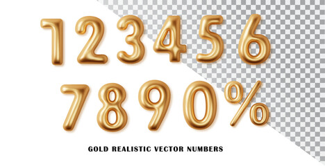 Golden numbers percentage notation with set 3d realistic. Metal golden number. Decoration for Price off tag, banner, cover, birthday or anniversary party invitation design.