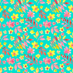 Fototapeta na wymiar Seamless pattern of watercolor pink and yellow flowers and leaves. Hand drawn illustration. Botanical hand painted floral elements on Turquoise background.
