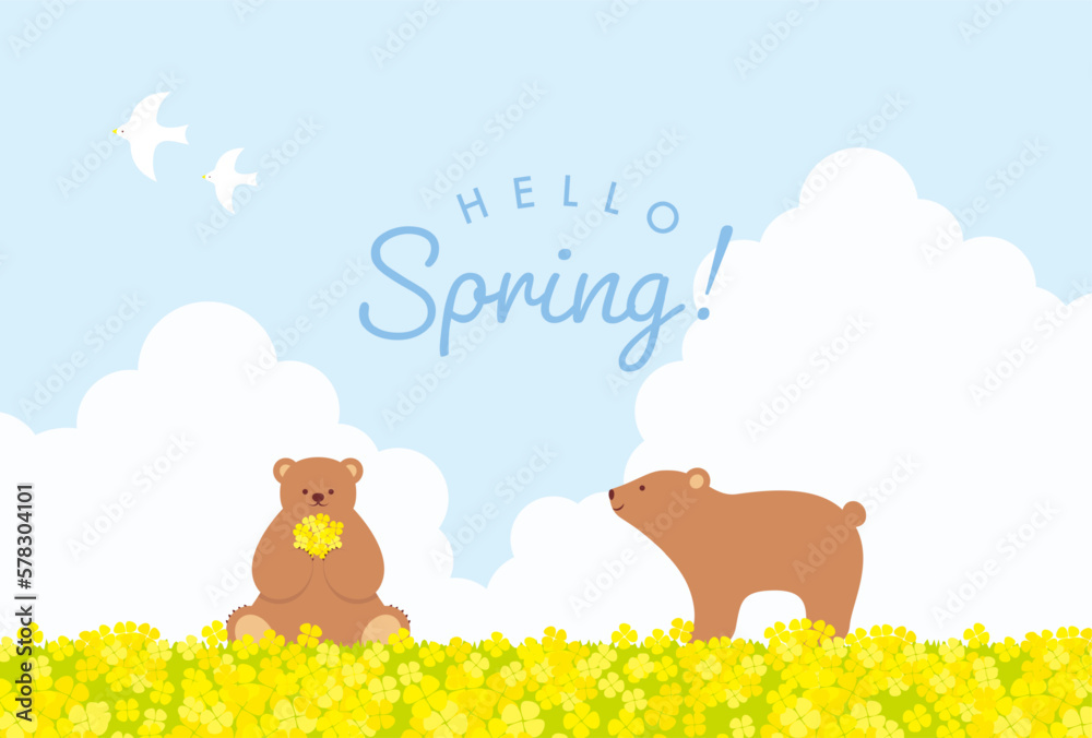 Wall mural vector background with bears and canola flower field on sky for banners, cards, flyers, social media wallpapers, etc.