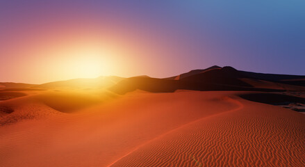 Panoramic view of orange sand dune desert with orange mountains and hill - Namib desert, Namibia - obrazy, fototapety, plakaty