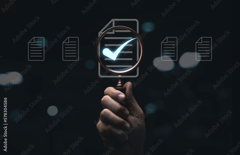 Poster Hand holding magnifier glass with virtual paper document and correct tick sign mark for prepare check and approve of quality assurance concept.